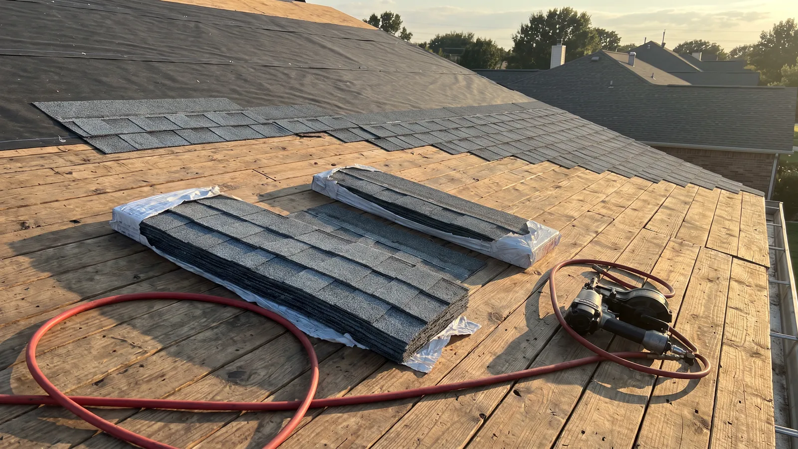 Bundles of impact-resistant architectural shingles opened on a roof deck beside a nail gun, a partly shingled slope in afternoon light