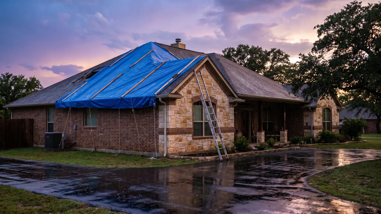 Blue tarp strapped over a damaged section of a shingle roof at dusk after a storm, a ladder against the eave and wet pavement below