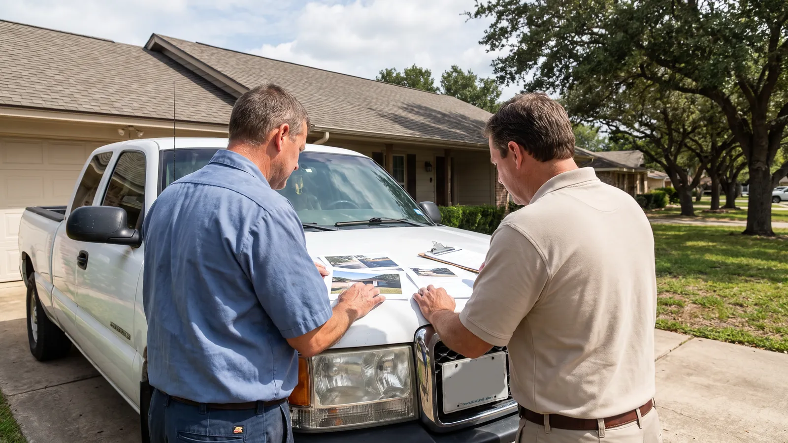 Roofer and insurance adjuster reviewing photographs spread on the hood of a pickup in a driveway, a shingle roof above them