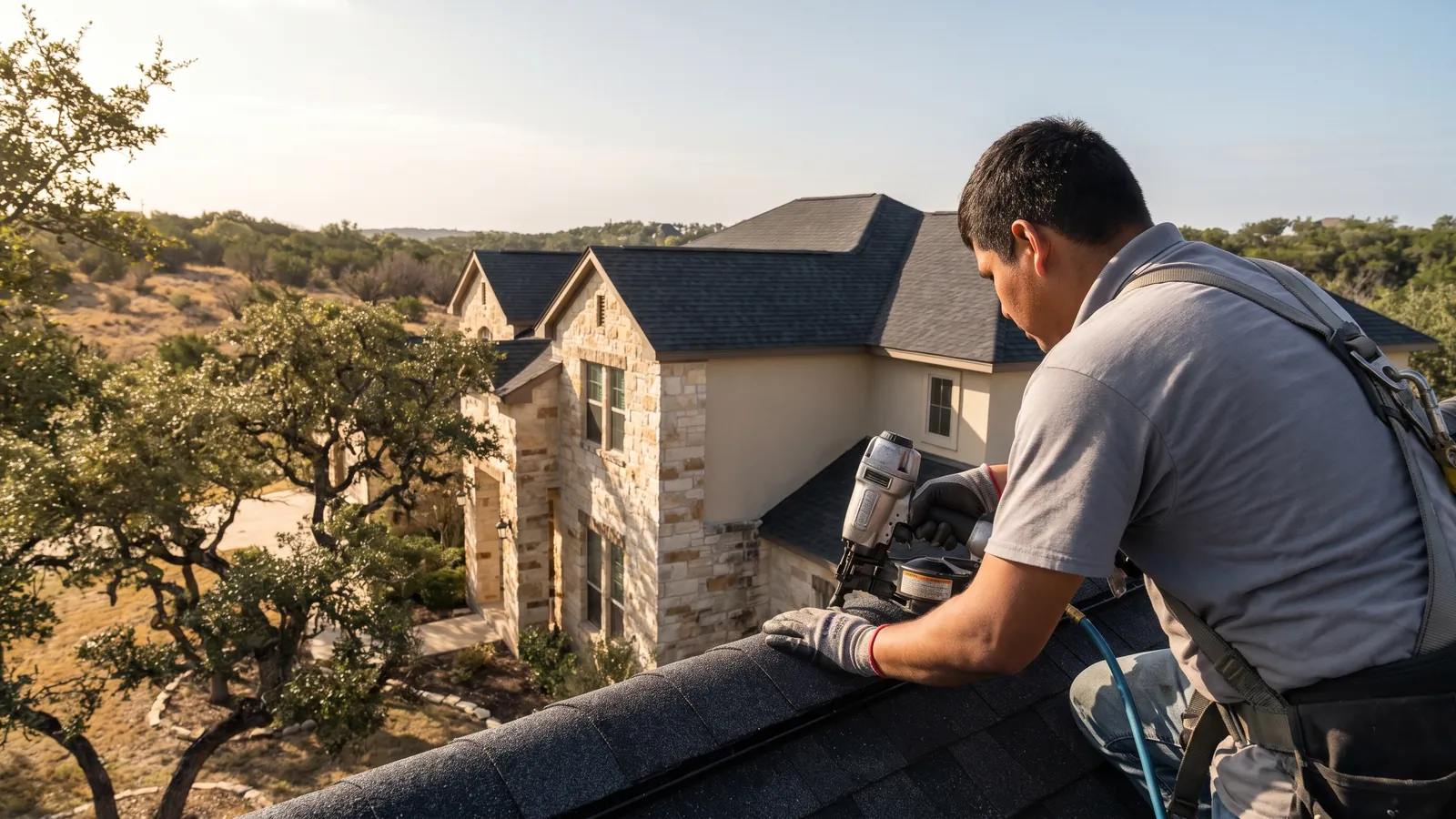 Roofer kneeling on a steep roof fastening charcoal architectural shingles on a limestone-and-stucco home in the Austin hills, live oaks and a hazy Texas sky behind
