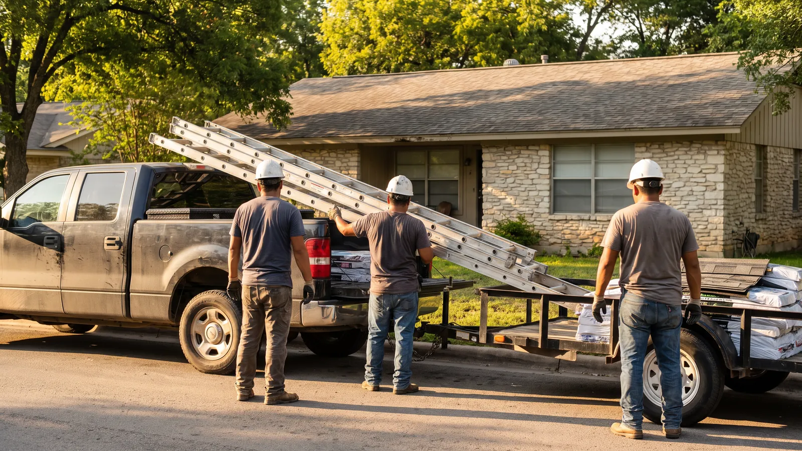 Roofing crew unloading ladders and bundles from a pickup and trailer on a residential Austin street, a limestone ranch home behind